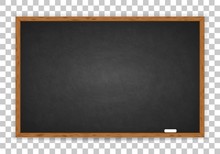 Rubbed Out Dirty Chalkboard. Realistic Black Chalkboard With Wooden Frame Isolated On Transparent Background. Empty School Chalkboard For Classroom Or Restaurant Menu. Template Blackboard For Design