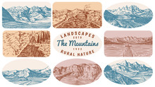 Mountain Landscape Backgrounds Set. Alpine Peaks And Traveler With A Tent. Vintage Mount. Travel Concept. Hand Drawn Engraved Sketch For Outdoor Posters, Climbing Banners, Logo Or Badge. 