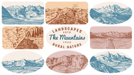 Mountain landscape backgrounds set. Alpine peaks and Traveler with a tent. Vintage Mount. Travel concept. Hand drawn engraved sketch for outdoor posters, climbing banners, logo or badge. 