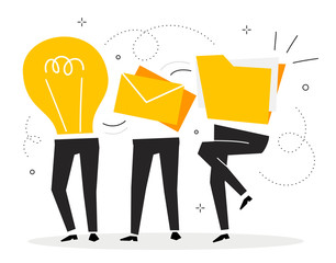 Vector creative illustration of group of business people with object instead of body and icon on white background. Multitask office worker team.