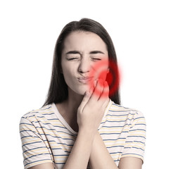 Poster - Young woman suffering from toothache on white background