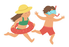 Vector Kids Running To The Sea. Children Doing Beach Activity. Cute Boy And Girl With Diving Mask, Snorkel And Inflatable Ring. Fun Summer Illustration.