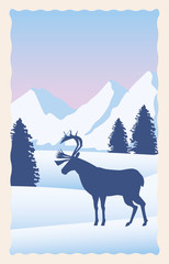 Sticker - snowscape flat scene with mountains and deer