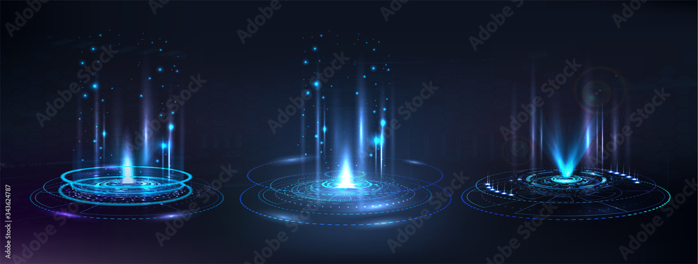 Portal and hologram futuristic circle elements. Sky-fi digital hi-tech collection in HUD style. Magic circle teleport podium.  GUI, UI virtual reality projector. Abstract hologram technology. Vector - obrazy, fototapety, plakaty 