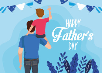 Wall Mural - fathers day card with dad carrying son characters