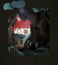 Hansel And Gretel Fairy Tale Book Cover Illustration. Boy And Girl Holding Hands In Front Of Gingerbread House In The Dark Forest