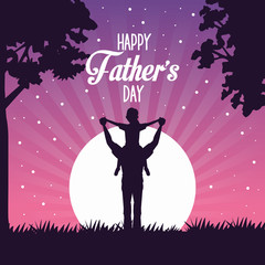 Wall Mural - fathers day card with dad carrying son characters