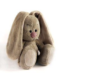 Kid's toy plush hare sitting on a white background, isolated