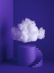 Wall Mural - 3d render, white fluffy cloud above the cylinder pedestal, spiral stairs, steps, round podium, minimal room interior. Isolated objects, violet blue background, modern design, abstract metaphor