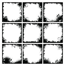 Set Of Nine Black Floral Frames In Grunge Style 