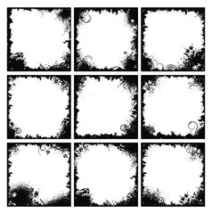 Poster - Set of nine black floral frames in grunge style 