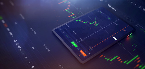 Poster - futuristic stock exchange scene with tablet ui, chart, numbers and sell and buy options (3d illustra