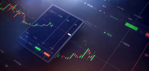 Poster - Futuristic stock exchange scene with tablet UI, chart, numbers and SELL and BUY options (3D illustration)