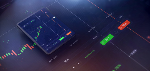 Wall Mural - Futuristic stock exchange scene with tablet UI, chart, numbers and SELL and BUY options (3D illustration)