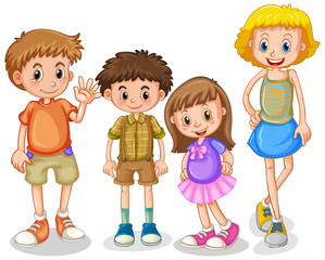 Wall Mural - Four happy kids standing on white background