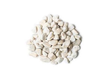 Marble rubble on a white background in the form of a pile of stones. Marble crushed stone fraction is used in landscape design, construction, and aquarium soil