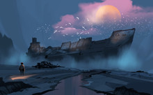 Digital Illustration Painting Design Style A Boy Looking At To The Big Ruins Ship.
