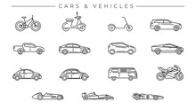 Cars And Vehicles Concept Line Style Vector Icons Set.