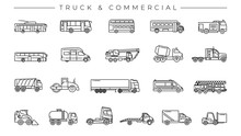 Truck And Commercial Concept Line Style Vector Icons Set.