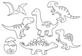 Fototapeta Dinusie - Vector line set of Dinosaurs. Dinosaur outline for coloring including Stegosaurus, Brontosaurus, Velociraptor, Triceratops, Tyrannosaurus rex, Spinosaurus.