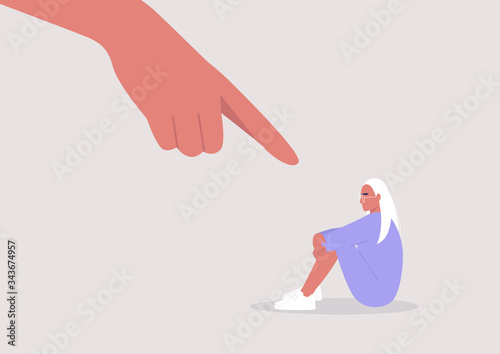 Fotomural Bullying, Pointing finger, Hate, Sexism, Sad female character hugging their knee
