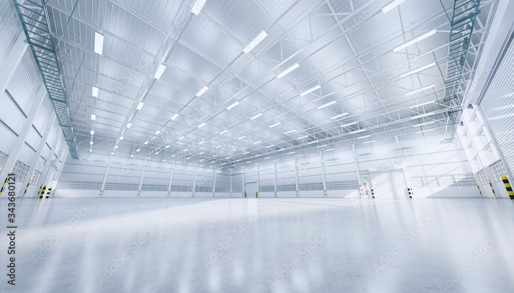 Hangar or industrial building. Protection with security door, roller door or roller shutter. Modern interior design with concrete floor, steel wall and empty space for industry background. 3d render. - obrazy, fototapety, plakaty 