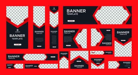 Poster - set of modern black banners of standard size with a place for photos. Business ad banner. Vertical, horizontal and square template with gradient red color.