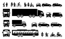 Road Transports And Transportation Icons. Vector Cliparts Of Man Walking, Cycling Bicycle, Riding Motorbike, Motorist Driving Car, Lorry, And Van. Many People Taking Public Bus.