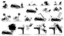 Road Hazard, Car Accident, And Traffic Mishap. Vector Icons Of Car Driver Stuck In Mud, Vehicle Drive Into Water, Bang Onto Tree, Crash On Traffic Sign, Motorcycle Knock On Dog, And Fall Off Bridge.