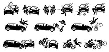 Road Accident And Car Crash Icons. Vector Artwork Of Road Vehicle Accident Between Car, Motorcycle, Bicycle, People, Pedestrian, Jogger, Child, And Elderly.