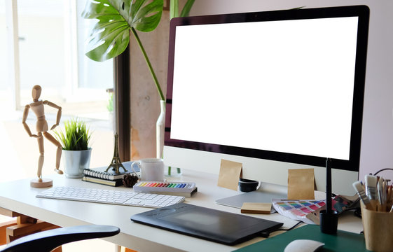 Workspace desk and laptop. copy space and blank screen. Business image, Blank screen laptop and supplies.