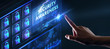 © putilov_denis - Business, technology, internet and networking concept. Young businessman working in the office, select the icon Security Awareness on the virtual display.