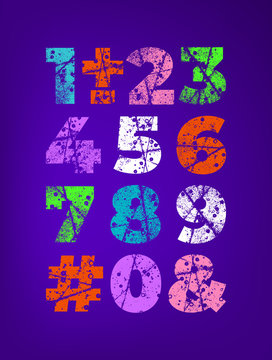 Grunge alphabet font. Abstract handmade sans serif typeface. Set of distress textured numbers. Ink splatter surface trace. Vector stock illustration EPS 10