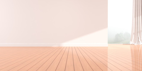 Aufkleber - Mock-up of white empty room and wood laminate floor with sun light cast the shadow on the wall,Perspective of minimal interior design with white curtain. 3D rendering.