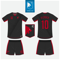 Soccer jersey or football kit mockup template design for sport club. Football t-shirt sport, shorts mock up. Soccer uniform in front view, back view . Football logo in flat design. Vector Illustration