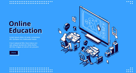 Online education isometric landing page. Students sitting at desks in classroom watching distant lesson at huge screen. Webinar in internet school, university or college, 3d vector line art web banner