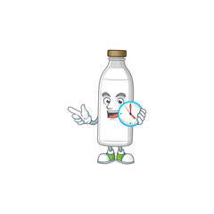 Poster - Milk bottle mascot design concept holding a circle clock