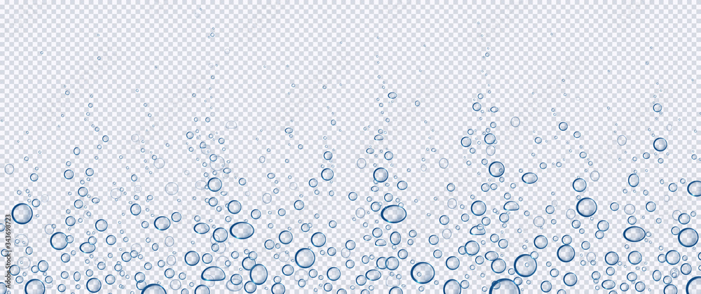 Air bubbles, effervescent water fizz border. Dynamic aqua motion, randomly moving underwater fizzing, soda drink frame design on transparent background, Realistic blue 3d vector illustration - obrazy, fototapety, plakaty 