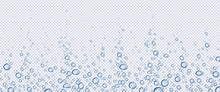 Air Bubbles, Effervescent Water Fizz Border. Dynamic Aqua Motion, Randomly Moving Underwater Fizzing, Soda Drink Frame Design On Transparent Background, Realistic Blue 3d Vector Illustration