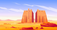 Ancient Egyptian Temple With Pharaoh Or God Statue And Obelisk. Vector Cartoon Landscape Of Desert In Egypt With Famous Landmarks, Antique Stone Monuments