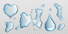 Water Spills Isolated On Transparent Background. Vector Realistic Set Of Liquid Puddles Different Shapes, Clear Water Drops, Pure Aqua Flows, Spill On Wet Surface Top View