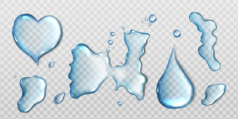 Poster - Water spills isolated on transparent background. Vector realistic set of liquid puddles different shapes, clear water drops, pure aqua flows, spill on wet surface top view