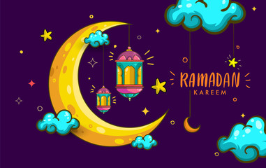  Hand drawn of lantern and crescent for ramadan greetings card with colorful and doodle Background. Vector Illustration.