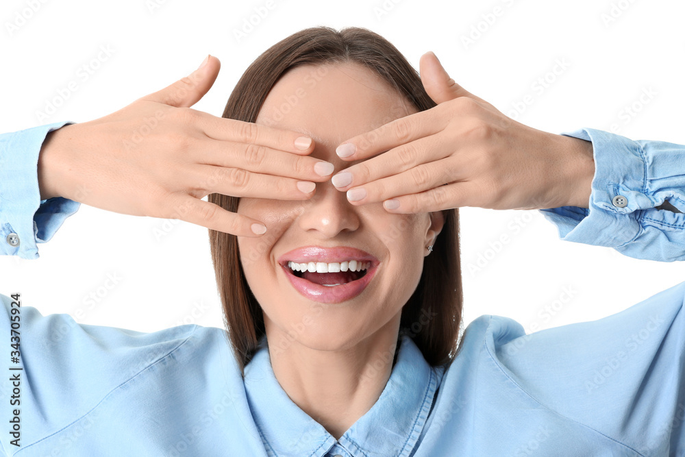 Young woman with beautiful smile on white background