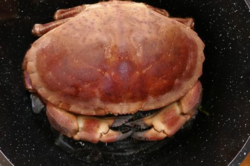 crab seafood.Crab close-up in a black pan.Organic Pure Seafood.