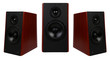 three wooden multimedia speaker system with different speakers over white background