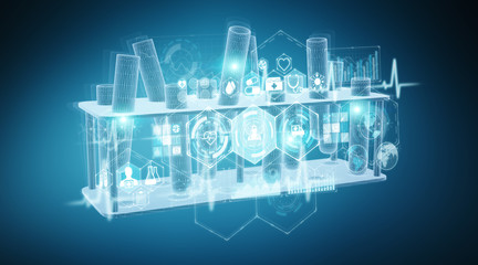 Aufkleber - Medical analysis tubes samples holographic projection on blue background 3D rendering
