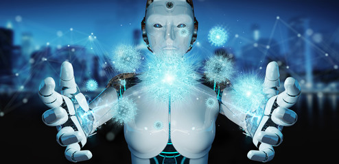 Poster - Robot analyzing bacteria with digital holographic projection close-up 3D rendering