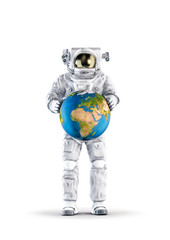 Wall Mural - astronaut with earth / 3d illustration of space suit wearing male figure holding planet earth globe 