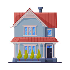 Wall Mural - Two Storey Suburban Residential House with Porch, Country Real Estate Flat Vector Illustration